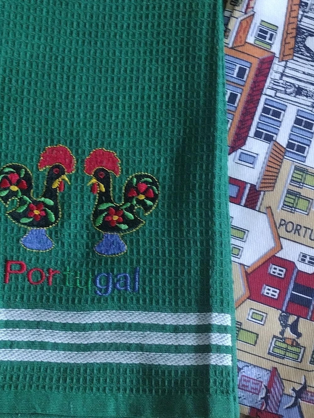 3/$30  Portuguese souvenir kitchen towels embroidery Rooster and City Scene
